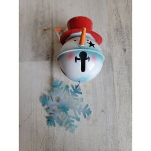 Metal snowman face snowflake Bell ornament Xmas blue